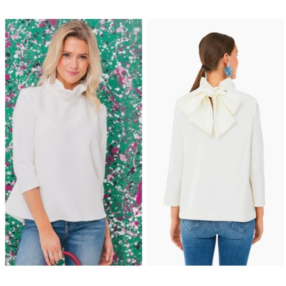 Pomander Place | NEW White Ruffle Collar Preppy Bow Faye Blouse Size XS - Picture 1 of 11